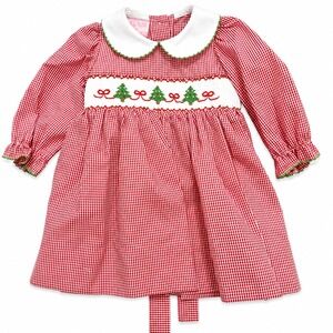 NEW Petit Bebe Red Gingham Smocked ‎ Christmas Tree Dress Baby Girls 3M Holiday